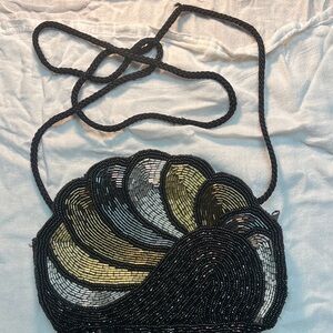 Chic Black and Gold Beaded Shell Clutch